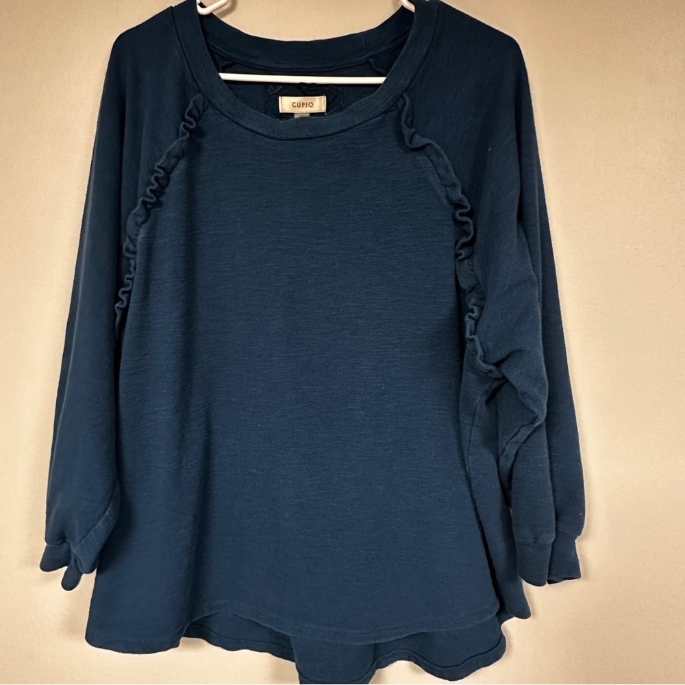 Cupio Dark Teal ruffle design long sleeve pullover top, 1X